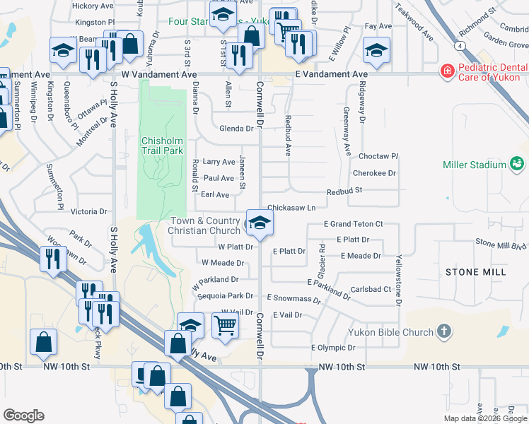 map of restaurants, bars, coffee shops, grocery stores, and more near 2010 Cornwell Drive in Yukon
