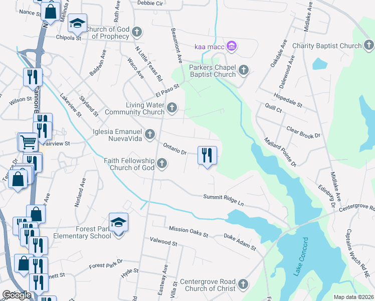 map of restaurants, bars, coffee shops, grocery stores, and more near 1421 McBeth Drive in Kannapolis
