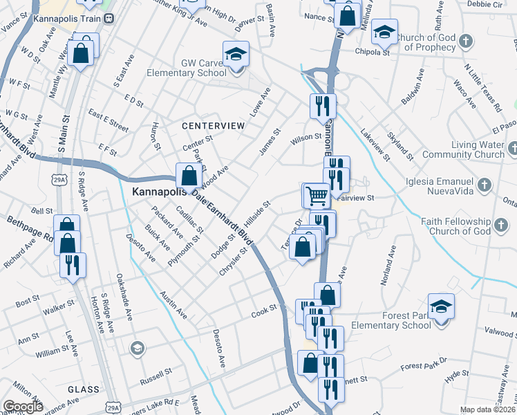 map of restaurants, bars, coffee shops, grocery stores, and more near 614 Laundry Street in Kannapolis