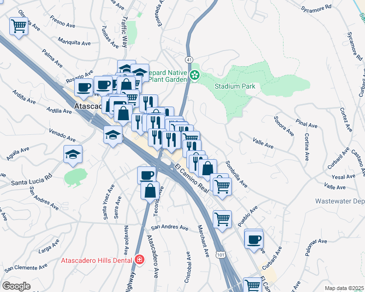 map of restaurants, bars, coffee shops, grocery stores, and more near 7065 Santa Ysabel Avenue in Atascadero