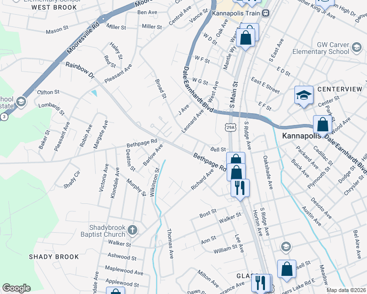 map of restaurants, bars, coffee shops, grocery stores, and more near 312 Bethpage Road in Kannapolis