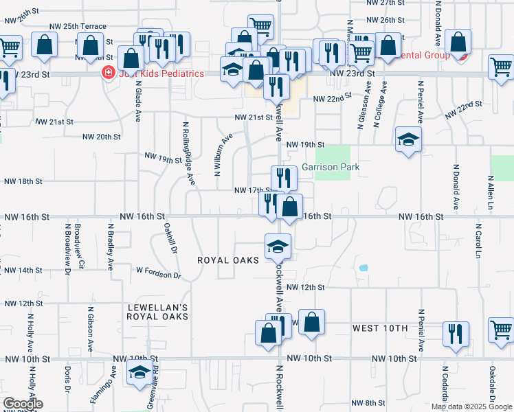 map of restaurants, bars, coffee shops, grocery stores, and more near 7120 Northwest 17th Street in Bethany