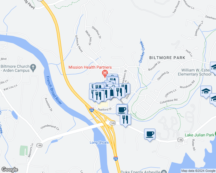map of restaurants, bars, coffee shops, grocery stores, and more near 5 Farleigh Street in Asheville