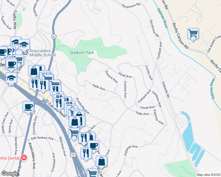 map of restaurants, bars, coffee shops, grocery stores, and more near 7405 Valle Avenue in Atascadero