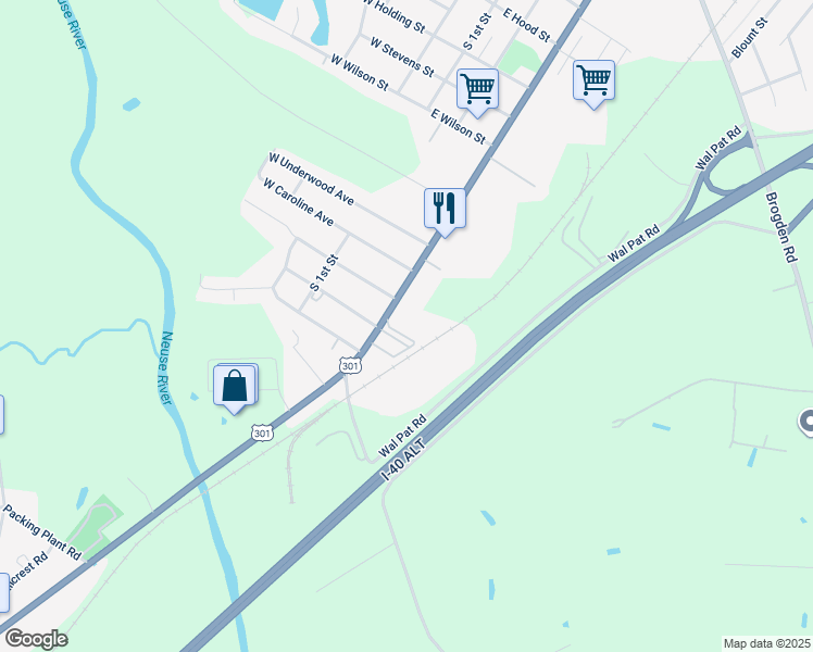 map of restaurants, bars, coffee shops, grocery stores, and more near 1905 South Brightleaf Boulevard in Smithfield