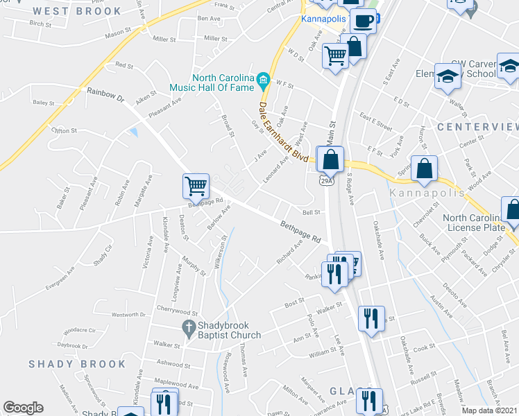 map of restaurants, bars, coffee shops, grocery stores, and more near 312 Bethpage Road in Kannapolis