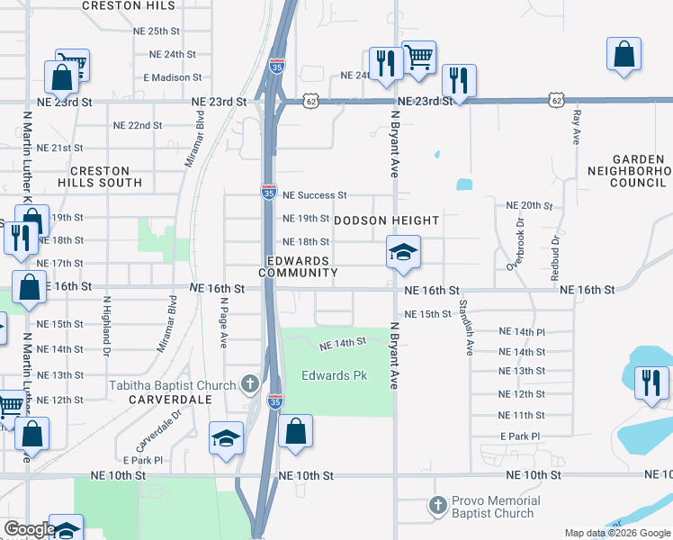 map of restaurants, bars, coffee shops, grocery stores, and more near 2725 Northeast 17th Street in Oklahoma City