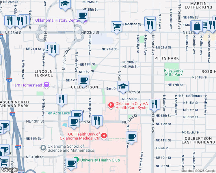 map of restaurants, bars, coffee shops, grocery stores, and more near 926 Northeast 17th Street in Oklahoma City