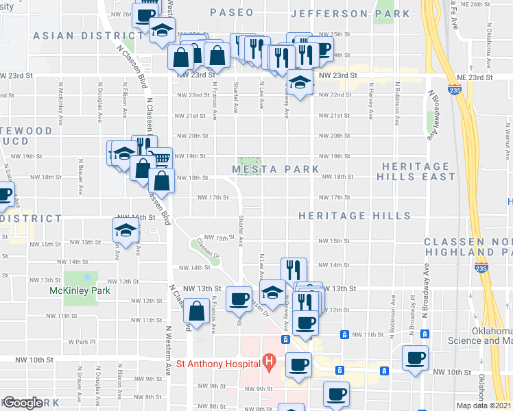 map of restaurants, bars, coffee shops, grocery stores, and more near 630 Northwest 17th Street in Oklahoma City