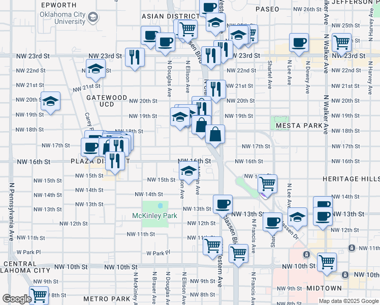 map of restaurants, bars, coffee shops, grocery stores, and more near 1306 1/2 Northwest 17th Street in Oklahoma City