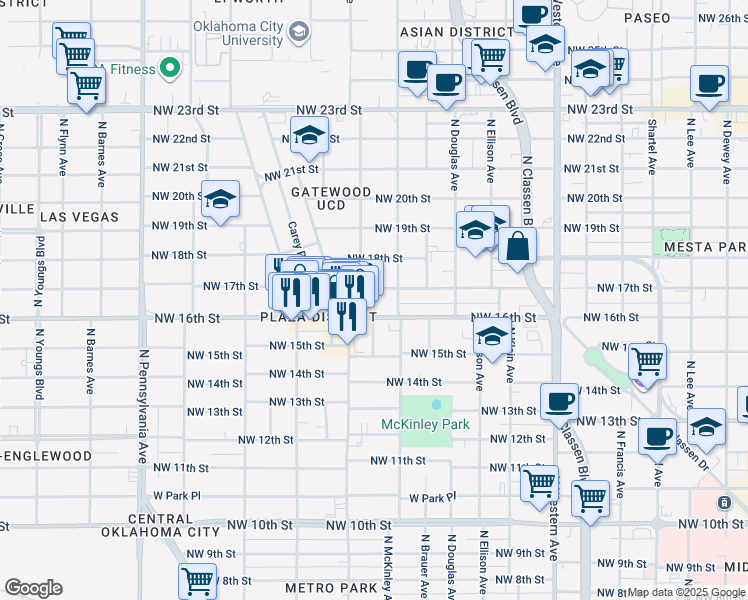 map of restaurants, bars, coffee shops, grocery stores, and more near 1614 Northwest 17th Street in Oklahoma City