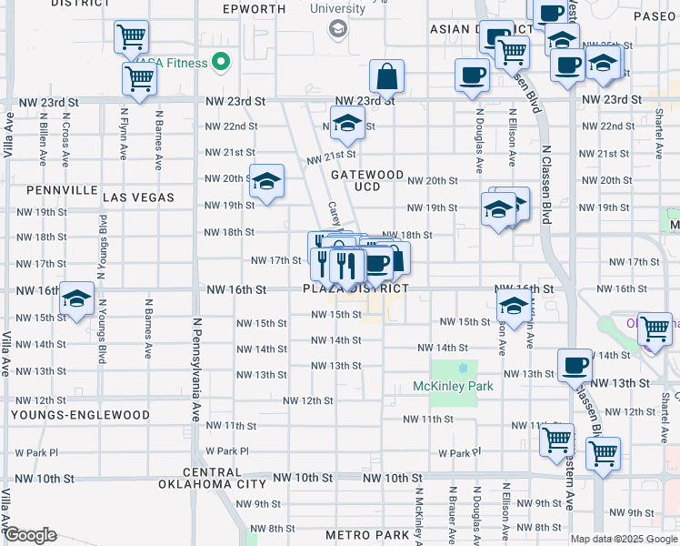 map of restaurants, bars, coffee shops, grocery stores, and more near 1744 Northwest 17th Street in Oklahoma City