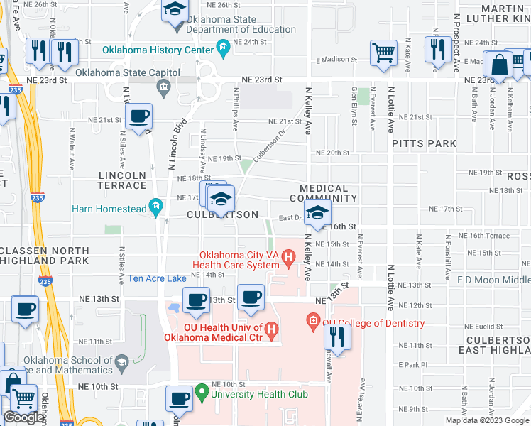 map of restaurants, bars, coffee shops, grocery stores, and more near 847 East Drive in Oklahoma City