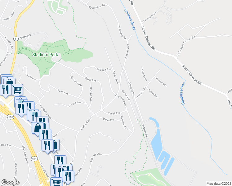 map of restaurants, bars, coffee shops, grocery stores, and more near 9305 Curbaril Avenue in Atascadero