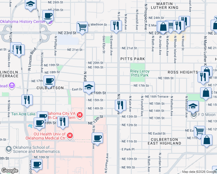 map of restaurants, bars, coffee shops, grocery stores, and more near 1206 Northeast 17th Street in Oklahoma City