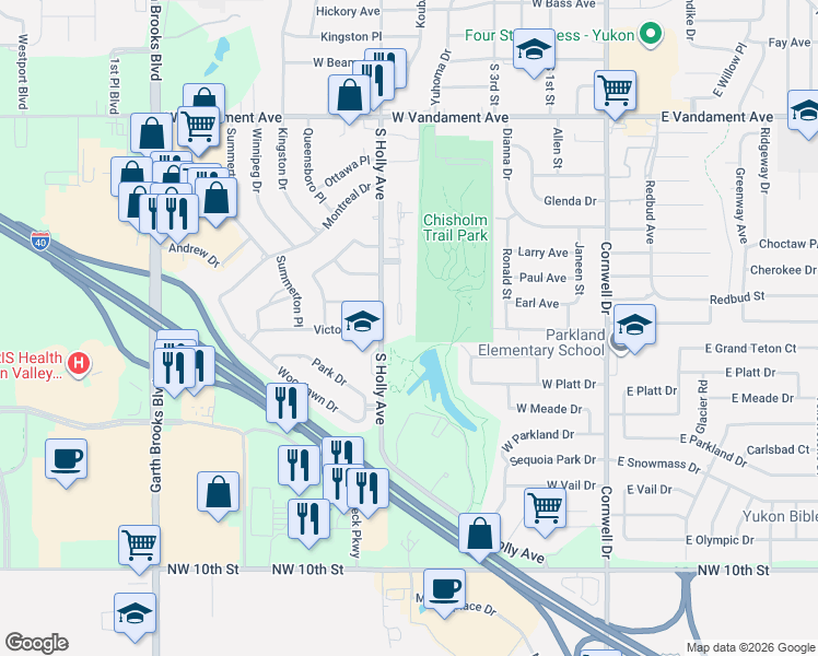 map of restaurants, bars, coffee shops, grocery stores, and more near 1520 Spring Creek Drive in Yukon