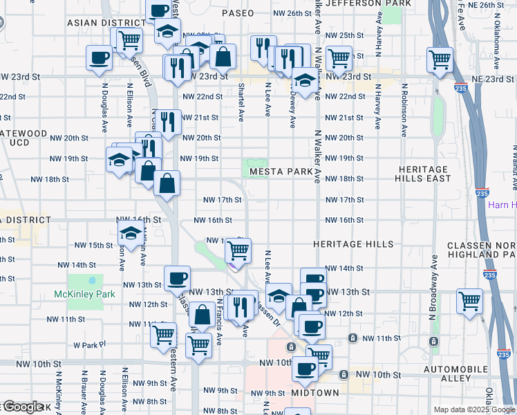map of restaurants, bars, coffee shops, grocery stores, and more near 710 Northwest 17th Street in Oklahoma City