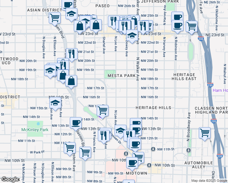 map of restaurants, bars, coffee shops, grocery stores, and more near 630 Northwest 17th Street in Oklahoma City