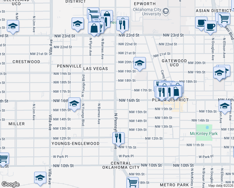 map of restaurants, bars, coffee shops, grocery stores, and more near 2101 Northwest 17th Street in Oklahoma City