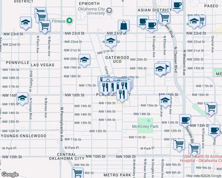map of restaurants, bars, coffee shops, grocery stores, and more near 1740 Northwest 17th Street in Oklahoma City