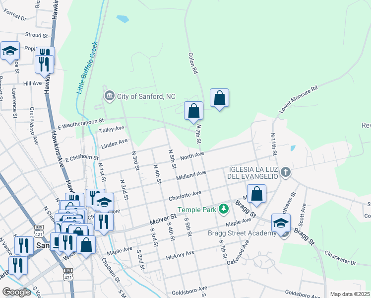 map of restaurants, bars, coffee shops, grocery stores, and more near 305 North 6th Street in Sanford