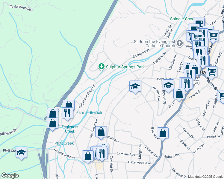 map of restaurants, bars, coffee shops, grocery stores, and more near 40 Old Hickory Street in Waynesville