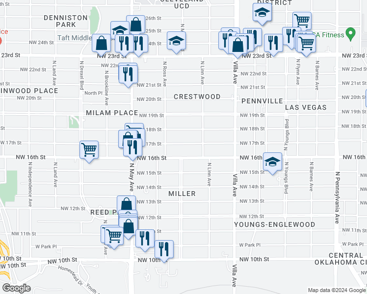 map of restaurants, bars, coffee shops, grocery stores, and more near 2736 Northwest 17th Street in Oklahoma City
