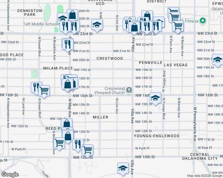 map of restaurants, bars, coffee shops, grocery stores, and more near 2709 Northwest 17th Street in Oklahoma City