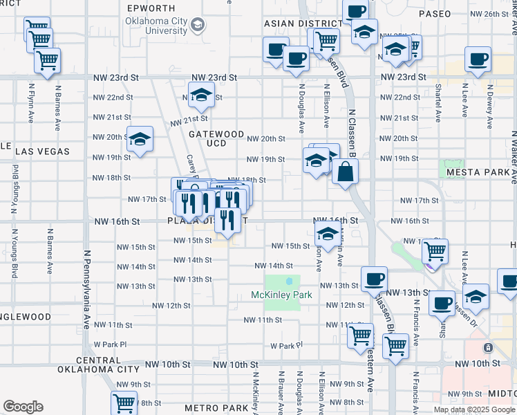 map of restaurants, bars, coffee shops, grocery stores, and more near 1614 Northwest 17th Street in Oklahoma City