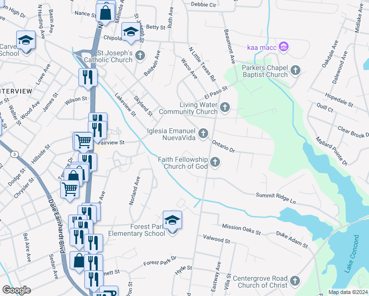 map of restaurants, bars, coffee shops, grocery stores, and more near 147 Fairmont Circle in Kannapolis