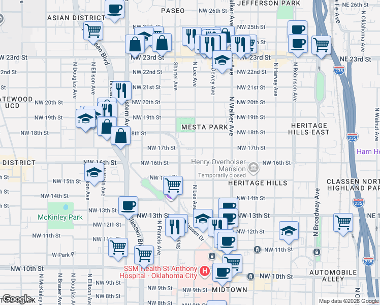 map of restaurants, bars, coffee shops, grocery stores, and more near 630 Northwest 17th Street in Oklahoma City