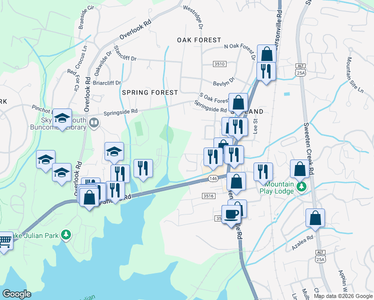 map of restaurants, bars, coffee shops, grocery stores, and more near 43 Allen Avenue in Asheville
