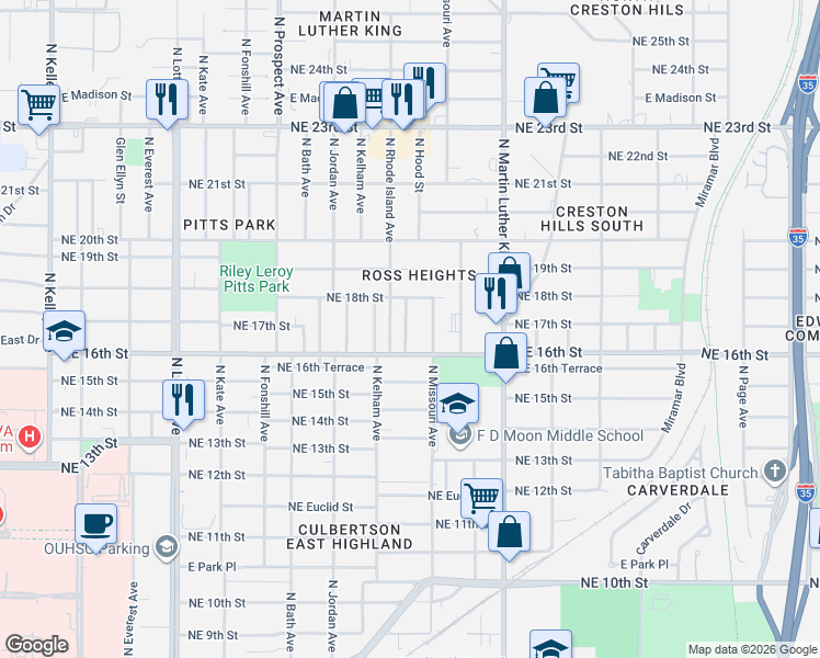 map of restaurants, bars, coffee shops, grocery stores, and more near 1804 Wickliff Street in Oklahoma City