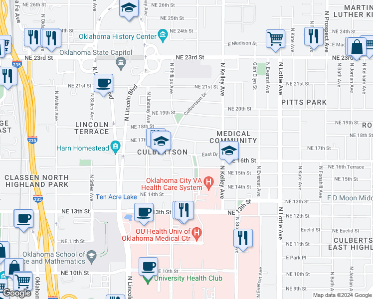map of restaurants, bars, coffee shops, grocery stores, and more near 834 Northeast 17th Street in Oklahoma City