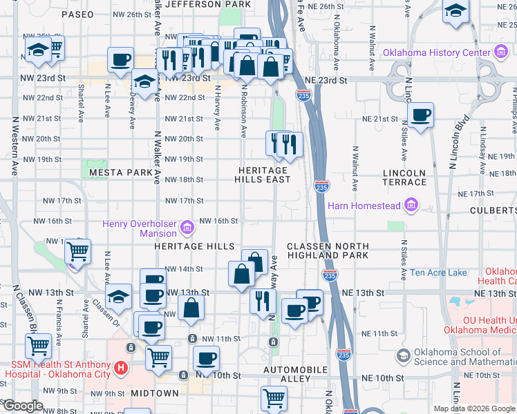 map of restaurants, bars, coffee shops, grocery stores, and more near 119 1/2 Northwest 17th Street in Oklahoma City