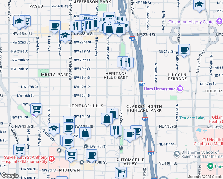 map of restaurants, bars, coffee shops, grocery stores, and more near 119 1/2 Northwest 17th Street in Oklahoma City