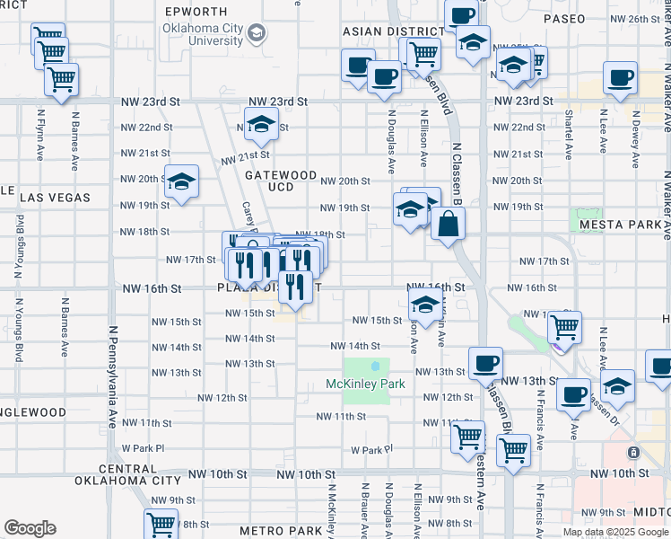 map of restaurants, bars, coffee shops, grocery stores, and more near 1614 Northwest 17th Street in Oklahoma City