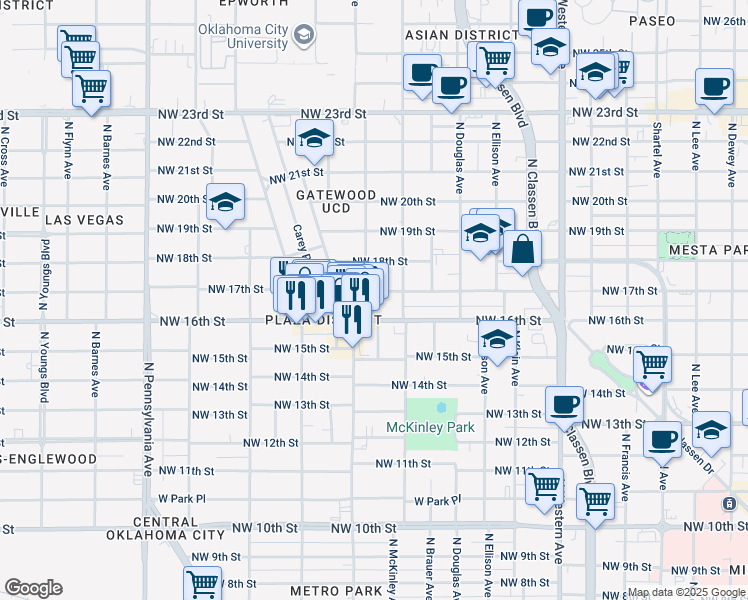 map of restaurants, bars, coffee shops, grocery stores, and more near 1614 Northwest 17th Street in Oklahoma City
