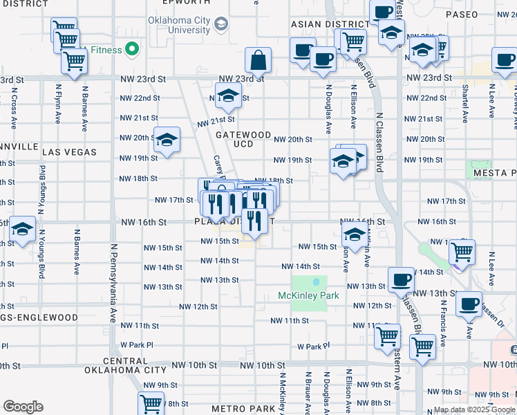 map of restaurants, bars, coffee shops, grocery stores, and more near 1708 Northwest 17th Street in Oklahoma City