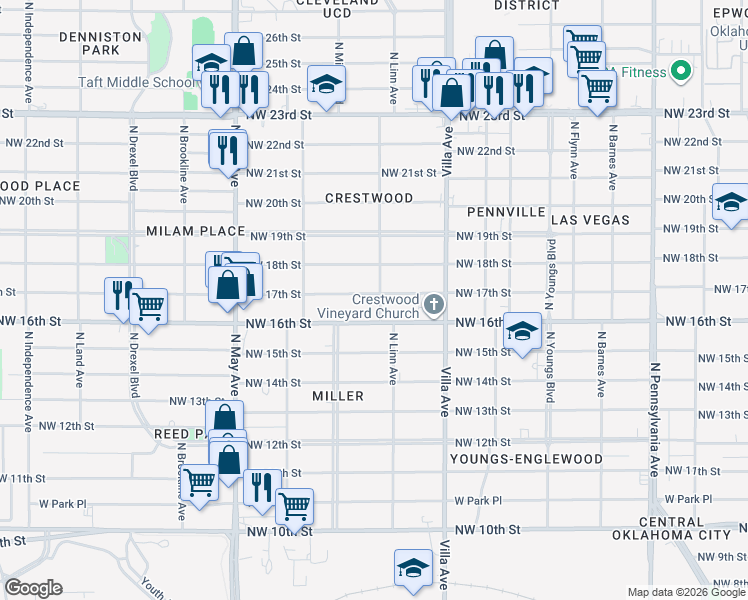 map of restaurants, bars, coffee shops, grocery stores, and more near 2709 Northwest 17th Street in Oklahoma City