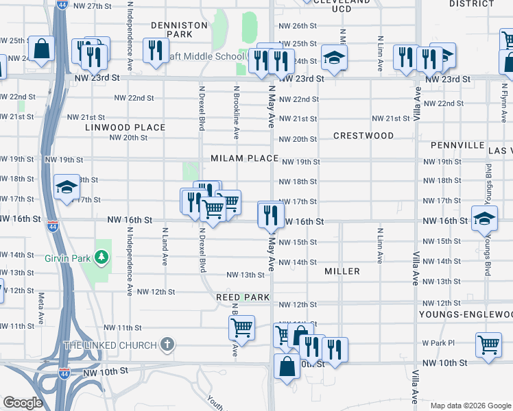 map of restaurants, bars, coffee shops, grocery stores, and more near 2907 Northwest 17th Street in Oklahoma City