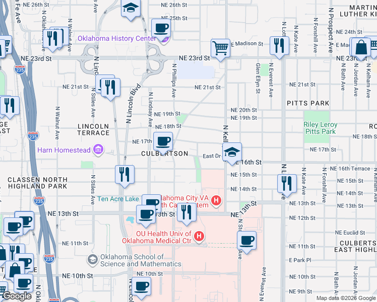 map of restaurants, bars, coffee shops, grocery stores, and more near 834 Northeast 17th Street in Oklahoma City
