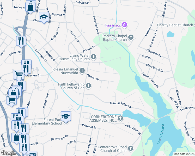 map of restaurants, bars, coffee shops, grocery stores, and more near 1427 Ontario Drive in Kannapolis