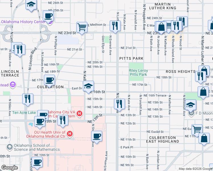 map of restaurants, bars, coffee shops, grocery stores, and more near 1206 Northeast 17th Street in Oklahoma City