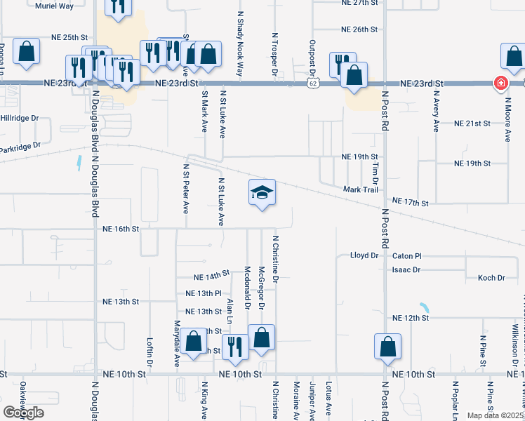 map of restaurants, bars, coffee shops, grocery stores, and more near 9521 Northeast 16th Street in Midwest City