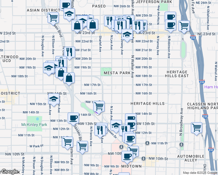 map of restaurants, bars, coffee shops, grocery stores, and more near 630 Northwest 17th Street in Oklahoma City