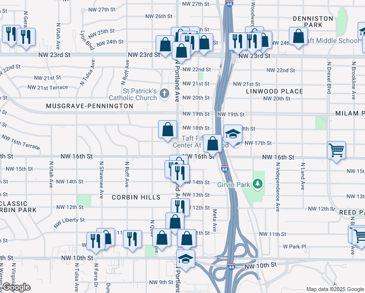 map of restaurants, bars, coffee shops, grocery stores, and more near 3616 Northwest 17th Street in Oklahoma City