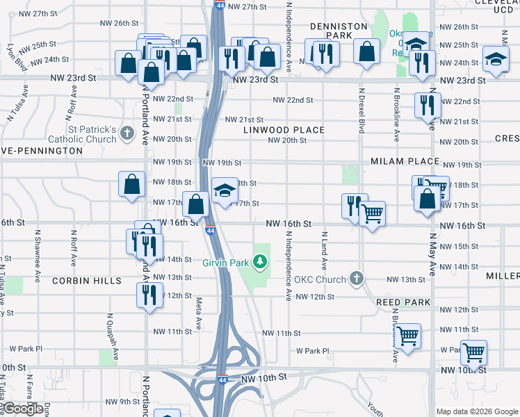 map of restaurants, bars, coffee shops, grocery stores, and more near 3334 Northwest 17th Street in Oklahoma City