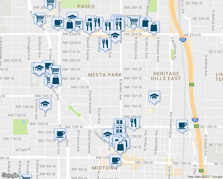map of restaurants, bars, coffee shops, grocery stores, and more near 528 Northwest 17th Street in Oklahoma City
