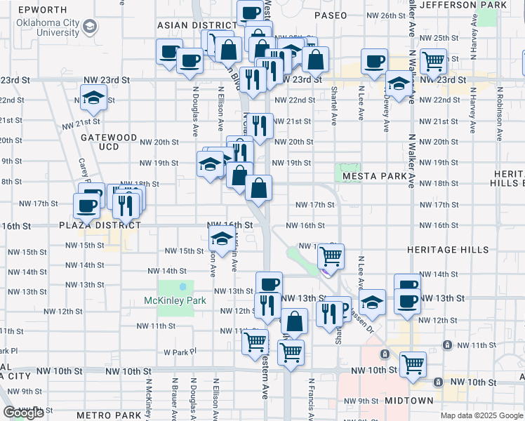 map of restaurants, bars, coffee shops, grocery stores, and more near 1720 North Classen Boulevard in Oklahoma City